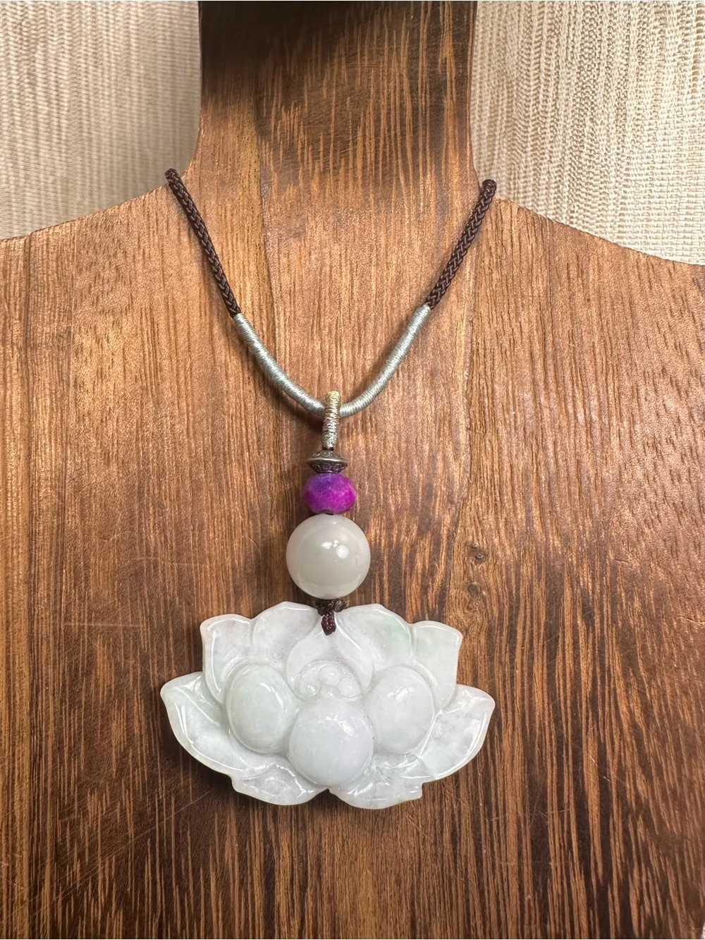 Light Green Jade Lotus Pendant with Moonstone and Sugilite on Adjustable Rope
